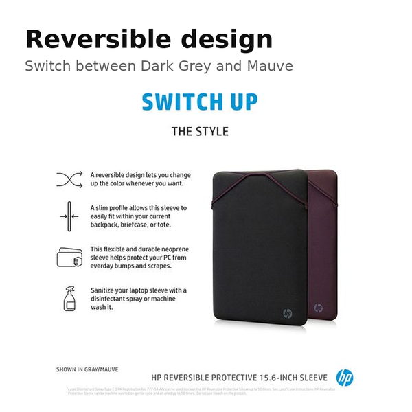 HP Protective Reversible 15.6" Laptop Sleeve - Dark Grey/Mauve SKU: 2F1W8AA